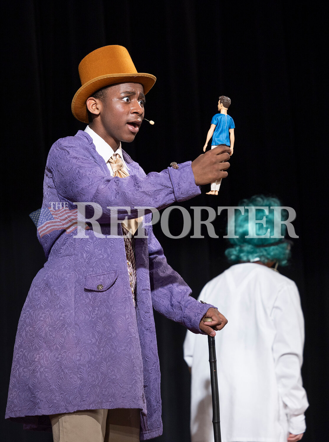 Willy Wonka played by Eli Williams reacts after Mike Teavee was shrunk during Walton Central School’s performance of Roald Dahl’s Willy Wonka Saturday, March 23.